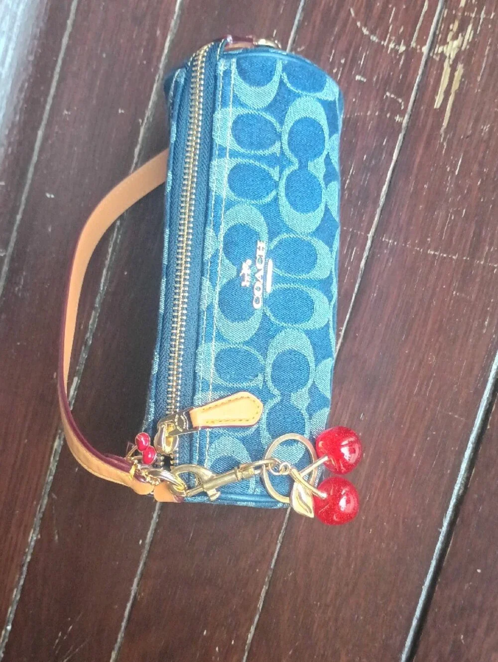 Coach Blue Denim Signature Cylinder Wristlet with Tan Strap
